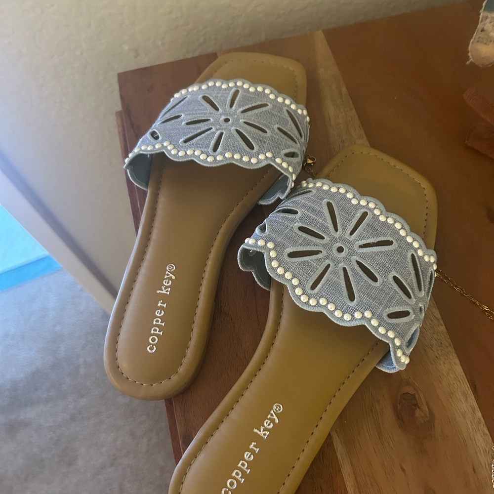 Copper Key Women's Sandals with Blue and Tan Accents